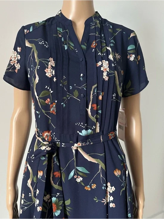 (NWT) NANETTE LEPORE Navy Floral Print Pintuck Dress - Picture 4 of 16